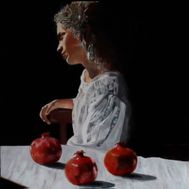 2015 Pige med granatæbler, akryl på lærred, 50 x 50